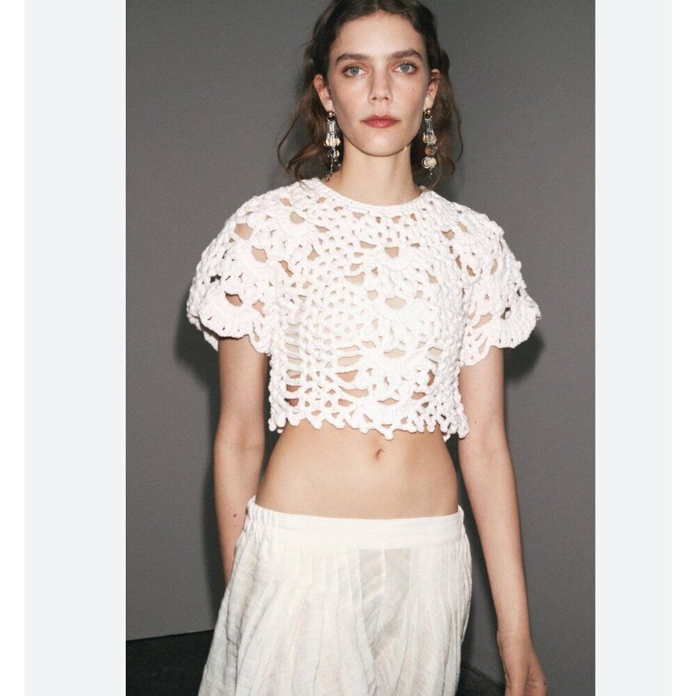Zara Womens Top Shirt XS S White Short Sleeve Crochet Cropped 0021/024 NWT